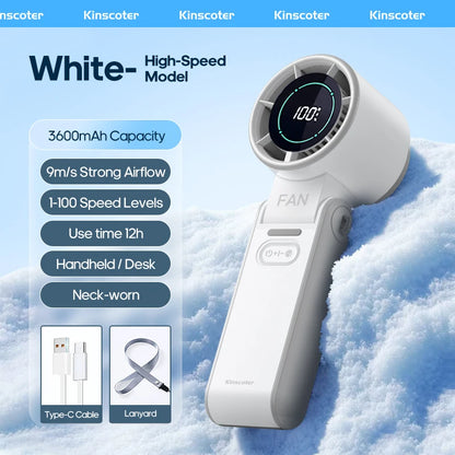 3600mAh Rechargeable Electric Handheld Fan 100 Speeds Adjustable Portable Outdoor Foldable Mini Air Cooling Turbo Fan w/ Lanyard