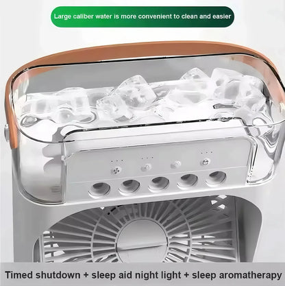 3-i-1 bærbar luftkølerventilator-LED natlys, luftfugter og USB-drevet mini AC