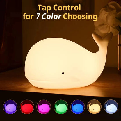 Silikonové noční světlo WhaleGlow ™-7barevná dobíjecí velryba pro děti, školka a postel