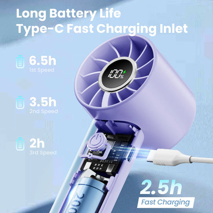 מאוורר מיני נייד של Gaiatop עם תצוגת LED ופנס - 3 מהירויות, USB נטען, כף יד וקירור שולחני