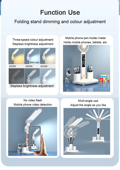 Wiederaufladbare Tischlampe für das Studium, Schreibtischlampe Lesen LED -LED -Tischlicht mit Lüfter, LED -Uhr Dispaly Leselampe
