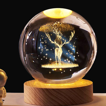 Solas Oíche Liathróid Léasair 3D Laser - Lampa faoi stiúir USB le bonn adhmaid