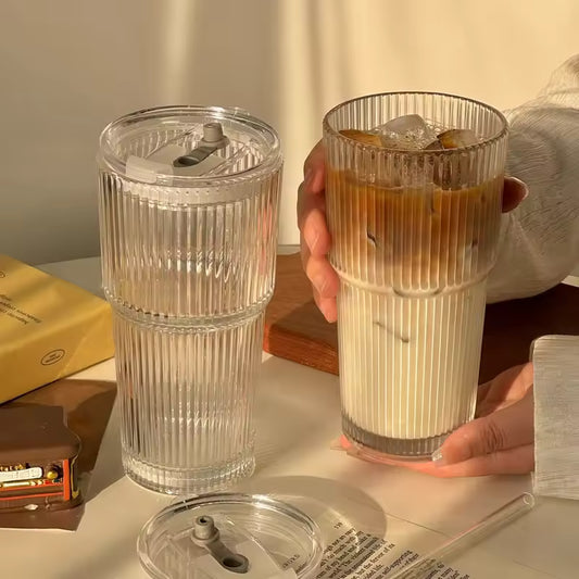 600 ml stribe glas kaffekop med låg og halm - gennemsigtig genanvendelig iskaffe og juice tumbler