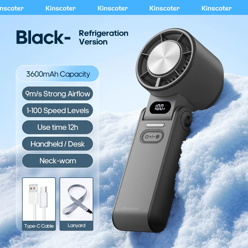 3600mAh Rechargeable Electric Handheld Fan 100 Speeds Adjustable Portable Outdoor Foldable Mini Air Cooling Turbo Fan w/ Lanyard