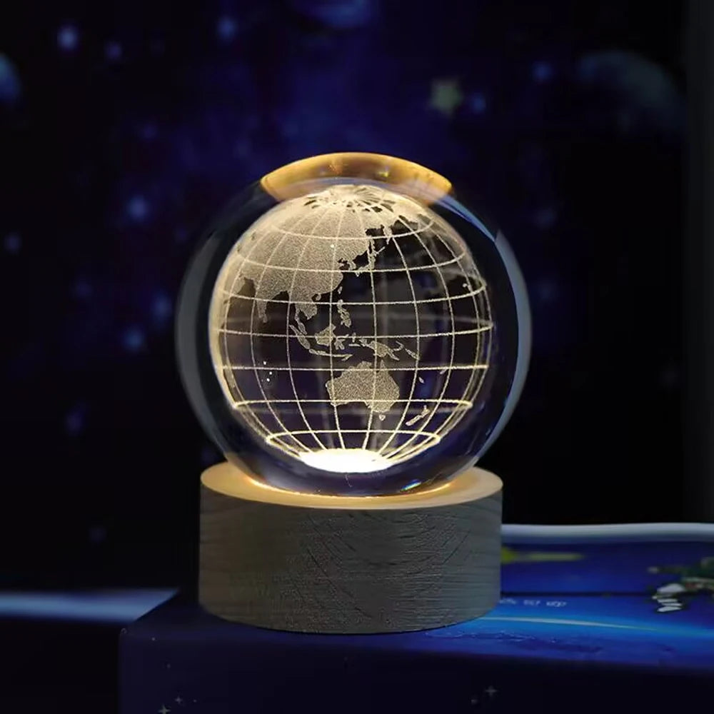 Solas Oíche Liathróid Léasair 3D Laser - Lampa faoi stiúir USB le bonn adhmaid