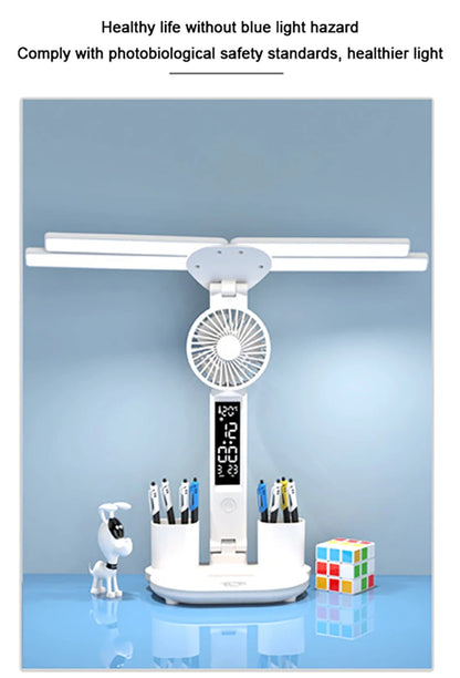 Wiederaufladbare Tischlampe für das Studium, Schreibtischlampe Lesen LED -LED -Tischlicht mit Lüfter, LED -Uhr Dispaly Leselampe