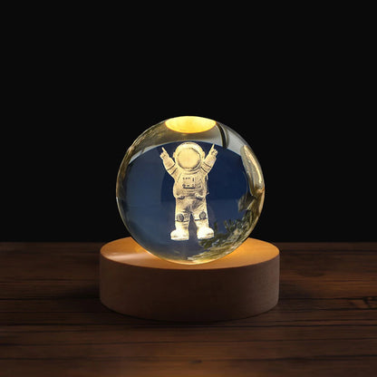 Solas Oíche Liathróid Léasair 3D Laser - Lampa faoi stiúir USB le bonn adhmaid