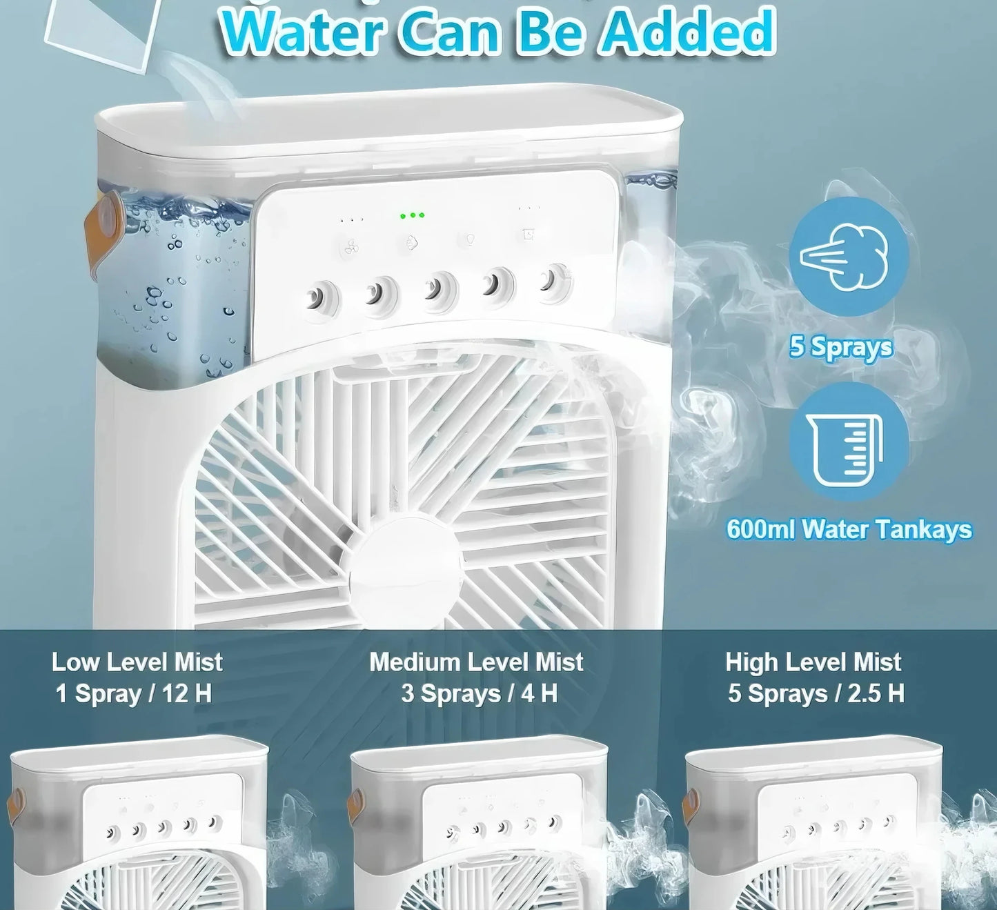 3-i-1 bærbar luftkølerventilator-LED natlys, luftfugter og USB-drevet mini AC