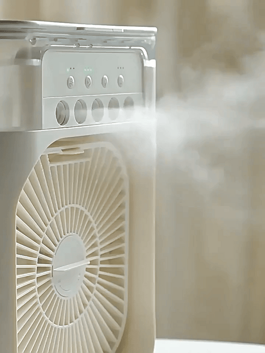 3-i-1 bærbar luftkølerventilator-LED natlys, luftfugter og USB-drevet mini AC