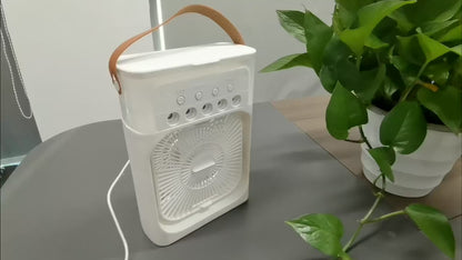 3-i-1 bærbar luftkølerventilator-LED natlys, luftfugter og USB-drevet mini AC
